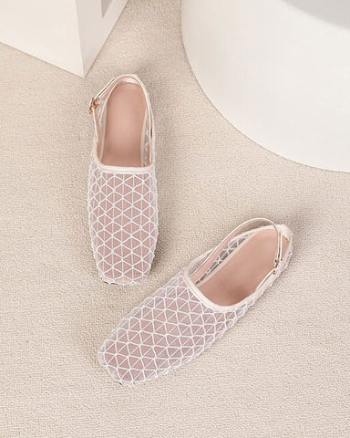 French Retro Mesh Square-Toe Slingback Mary Jane Flats