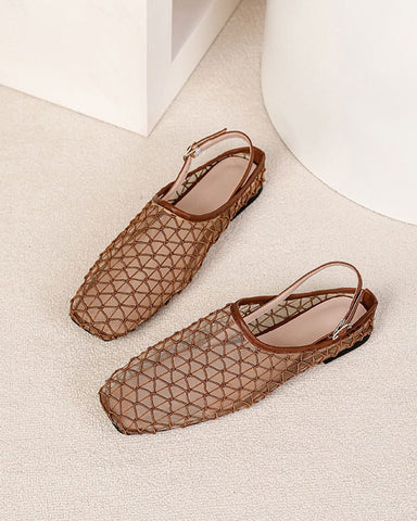 French Retro Mesh Square-Toe Slingback Mary Jane Flats