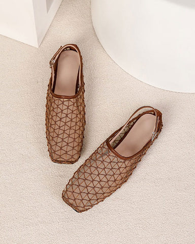 French Retro Mesh Square-Toe Slingback Mary Jane Flats