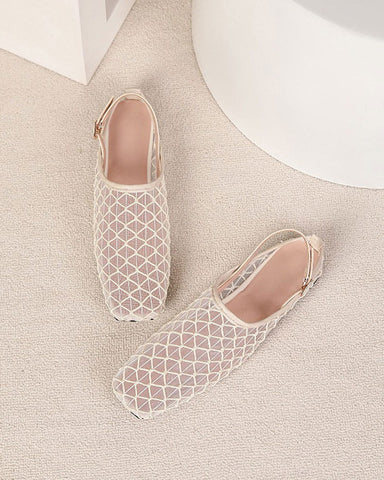 French Retro Mesh Square-Toe Slingback Mary Jane Flats
