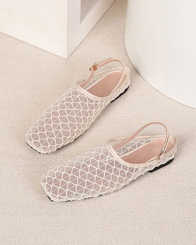 French Retro Mesh Square-Toe Slingback Mary Jane Flats