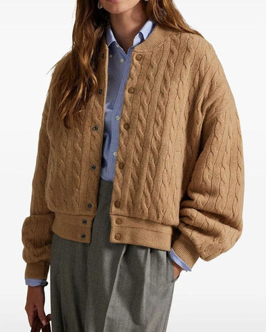 Wool Cashmere Cable Knit Bomber Jacket