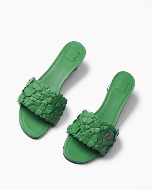 Women’s Green Floral Appliqué Mirrored Block Heel Slide Sandals