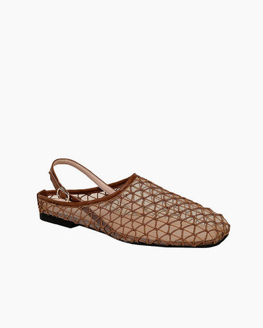 French Retro Mesh Square-Toe Slingback Mary Jane Flats