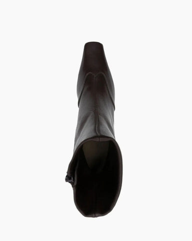 Square Toe Leather Booties High Block Heel Zip Closure