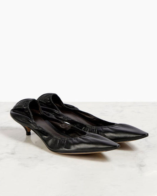 Black Leather Pointed Toe Pumps Ruched Design