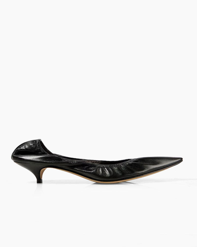 Black Leather Pointed Toe Pumps Ruched Design
