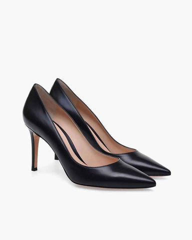 Women's Classic Black Leather Pointed Toe Pumps - 80mm Heel