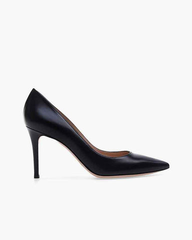 Women's Classic Black Leather Pointed Toe Pumps - 80mm Heel