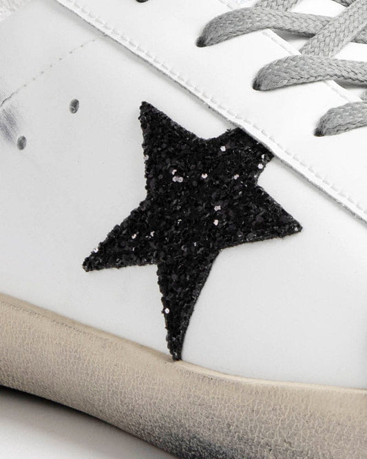 Women's Vintage Look White Skate Sneakers with Black Glitter Star