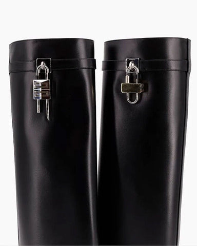 Shark Lock embellished glossed-leather knee boots