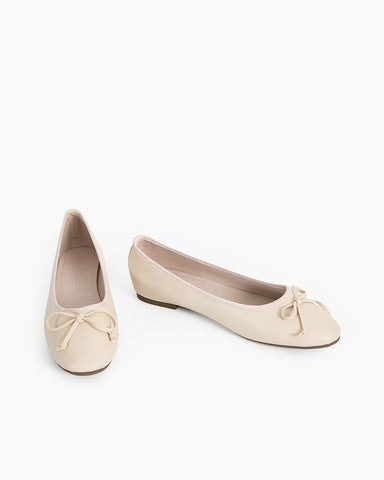 LarosaStyle Aurora Leather Round Toe Bow Ballet Flats