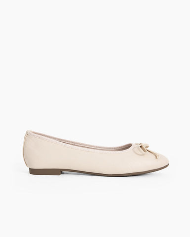 LarosaStyle Aurora Leather Round Toe Bow Ballet Flats Beige / 5