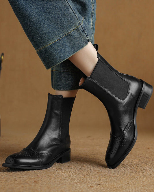 LarosaStyle Leather Low Block Heel Chelsea Boots