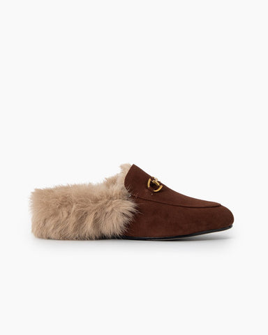 LarosaStyle loafers Alina Urban Elegance Fur Suede Flat Mules Dark brown / US 5