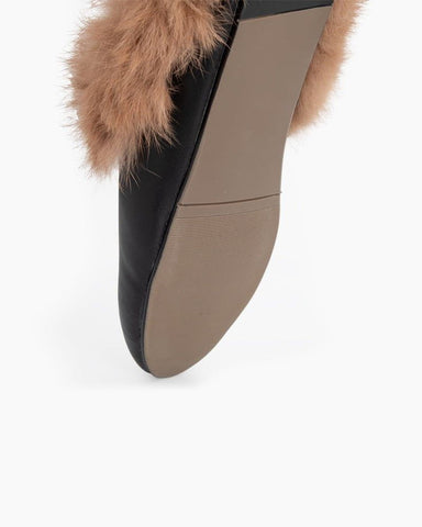 Classic Metal Buckle Backless Fur Flat Slippers Mules