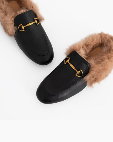 Classic Metal Buckle Backless Fur Flat Slippers Mules