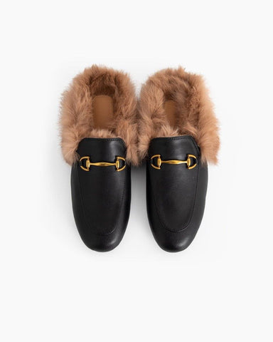 Classic Metal Buckle Backless Fur Flat Slippers Mules