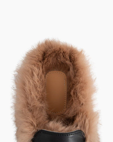 Classic Metal Buckle Backless Fur Flat Slippers Mules