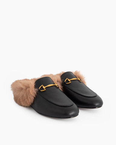 Classic Metal Buckle Backless Fur Flat Slippers Mules