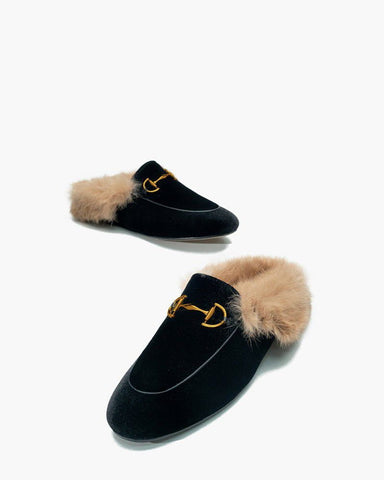 Classic Metal Buckle Velvet Backless Fur Horsebit Metal Slip-on Mules