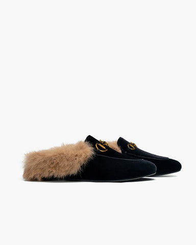 Classic Metal Buckle Velvet Backless Fur Horsebit Metal Slip-on Mules