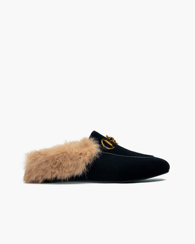 (Clean Up) Classic Metal Buckle Velvet Backless Fur Slip-on Mules