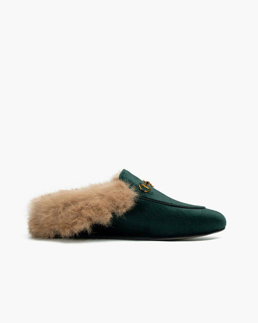 (Clean Up) Classic Metal Buckle Velvet Backless Fur Slip-on Mules