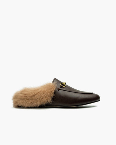 (Clean Up) Classic Metal Buckle Backless Fur Flat Slippers Mules