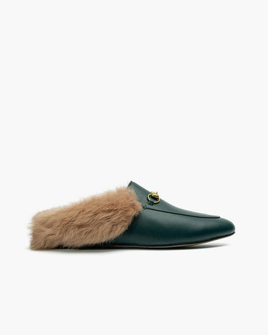 (Clean Up) Classic Metal Buckle Backless Fur Flat Slippers Mules