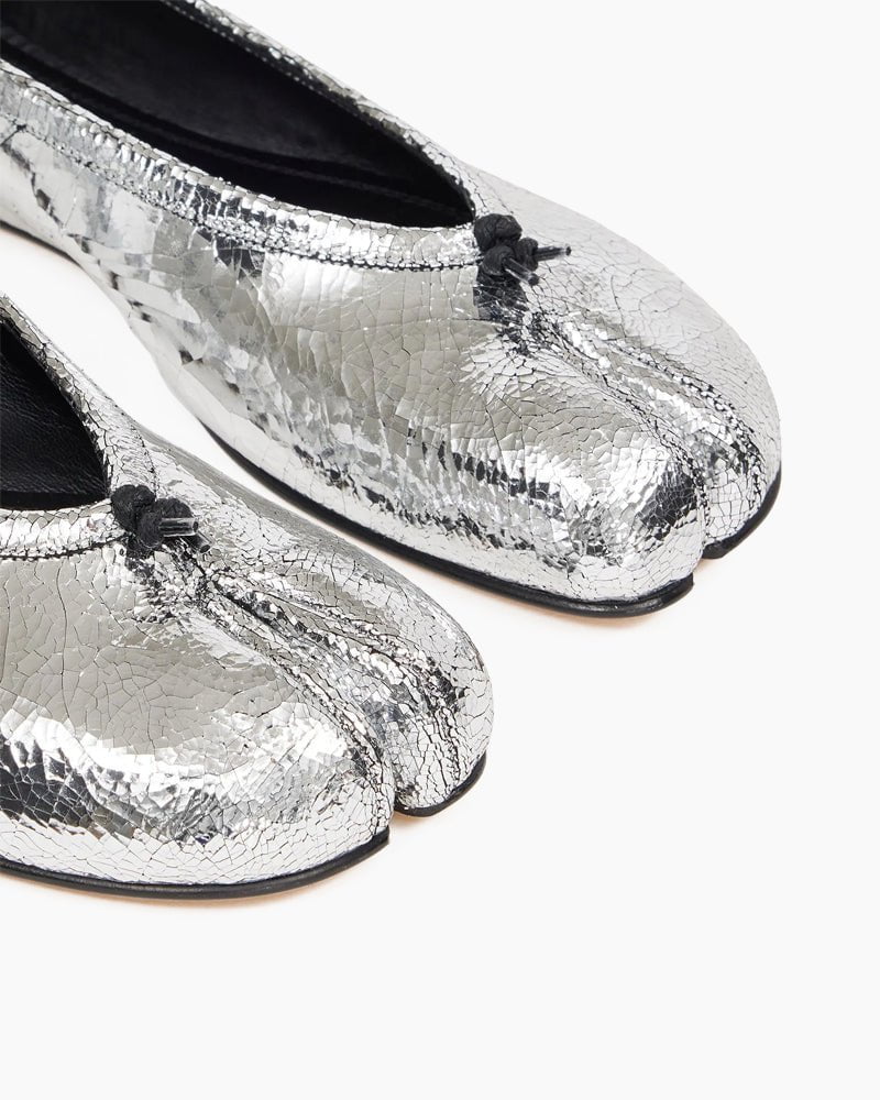 Silver Crinkle Leather Tabi Shoe Ballet Flats