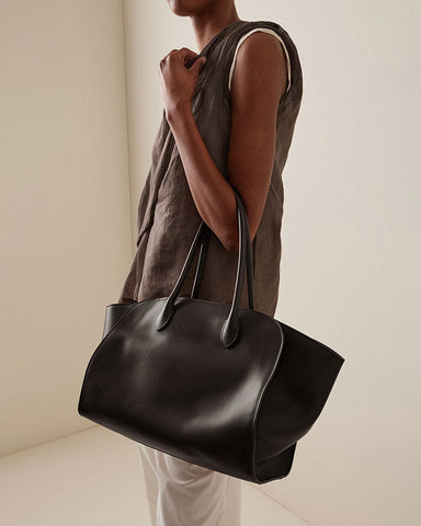 Matte Grained Saddle Leather Tote Tubular Handles