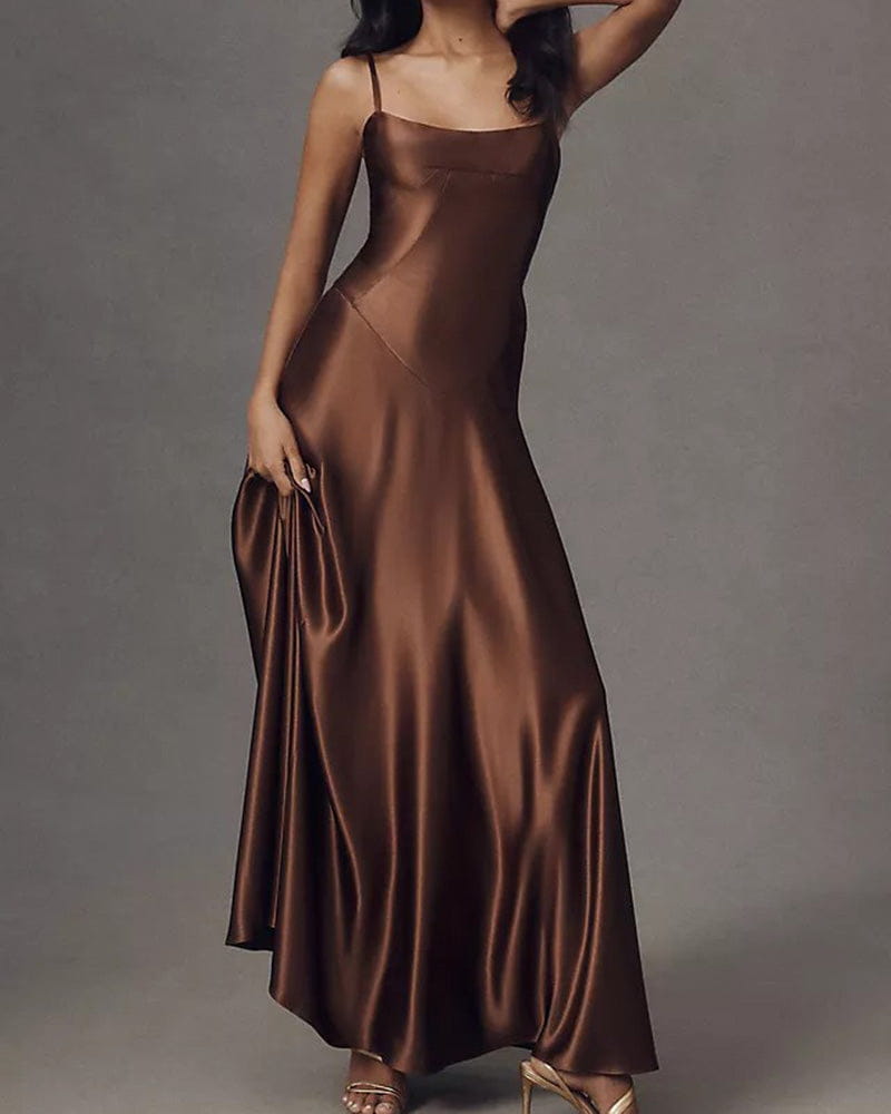 Women's Elegant Evening Garden Satin Corset Maxi Gown Tiramisu / M