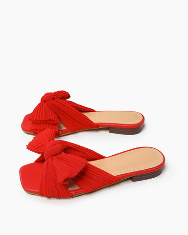 Pleated-Bow-Open-Toe-Comfort-Slip-on-Slide-Flat-Sandals