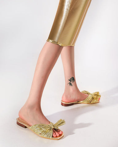 Pleated-Bow-Open-Toe-Comfort-Slip-on-Slide-Flat-Sandals