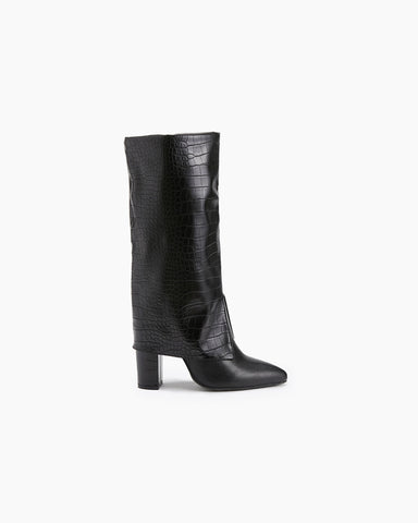 Stone Embossed Pointed Toe Chunky Heeled Pull On Boots
