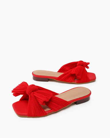 Pleated-Bow-Open-Toe-Comfort-Slip-on-Slide-Flat-Sandals
