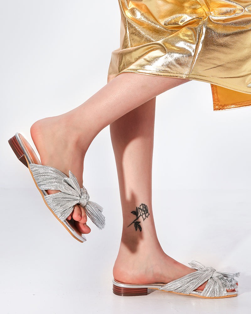 Pleated-Bow-Open-Toe-Comfort-Slip-on-Slide-Flat-Sandals
