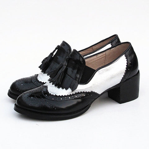 Black-White-Classic-Fringed-Chunky-Heel-Oxford-Loafers