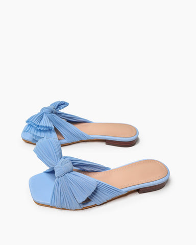 Pleated-Bow-Open-Toe-Comfort-Slip-on-Slide-Flat-Sandals