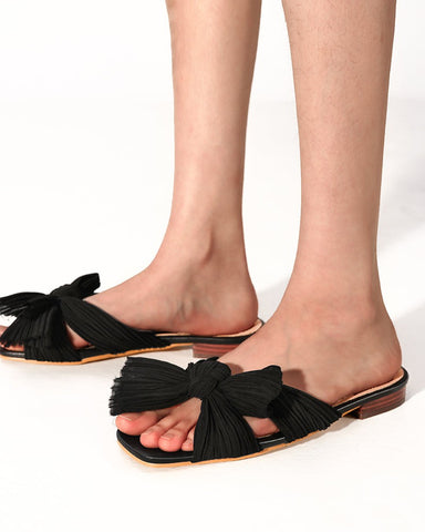 Pleated-Bow-Open-Toe-Comfort-Slip-on-Slide-Flat-Sandals
