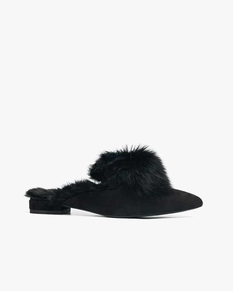 Pointed Toe Backless Pompom Slippers Mules - Black / US 5