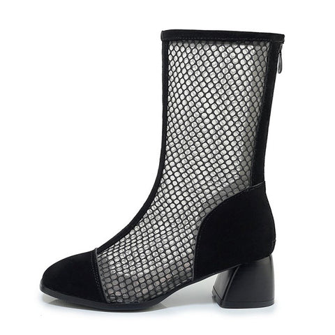 Mesh-Zipper-Fish-Mouth-Low-heeled-Boots