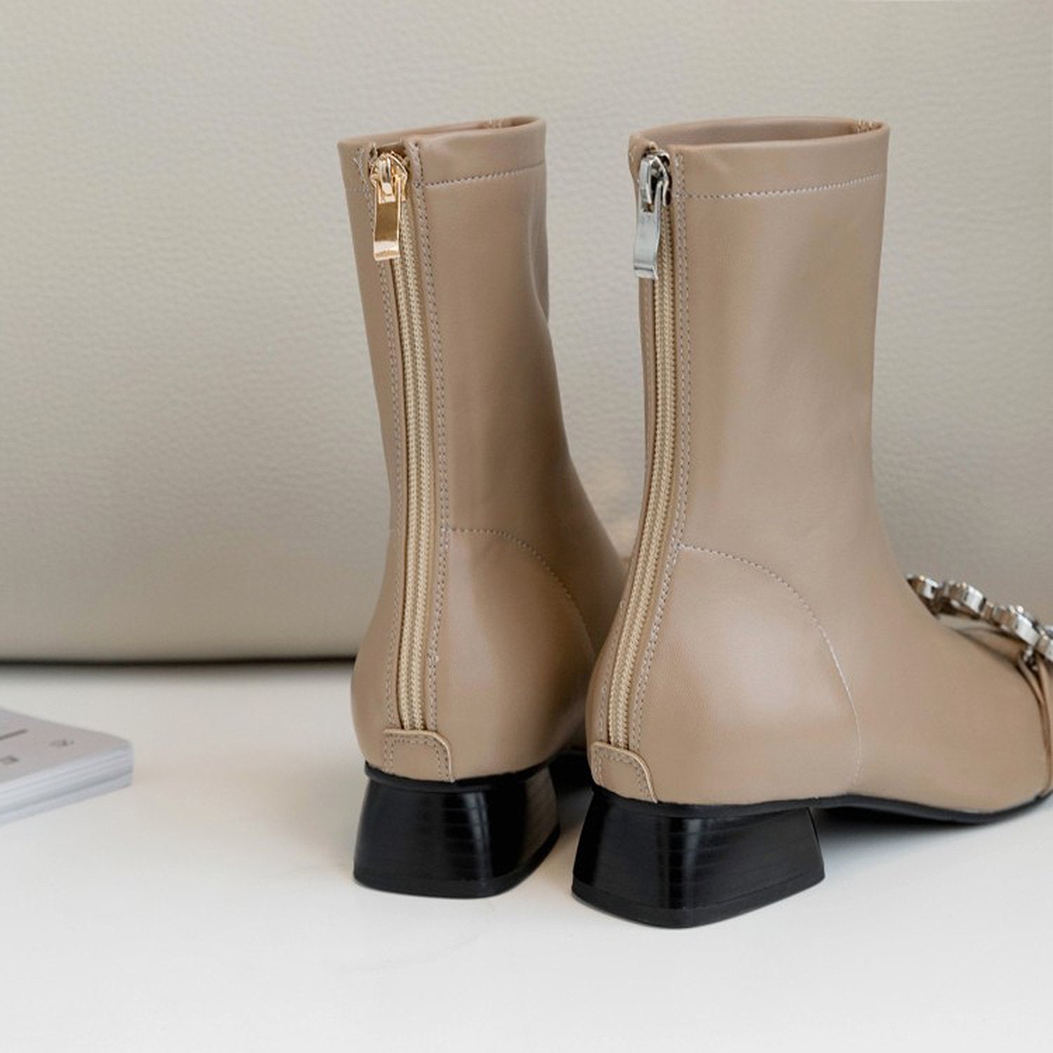 Leather-Rhinestone-Buckle-Mid-Boots