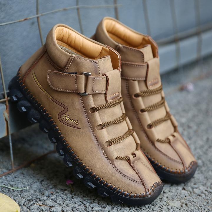 Men Cow Leather Non Slip Hand Stitching Soft Sole Casual Outdoor Boots US 11 Yellow
