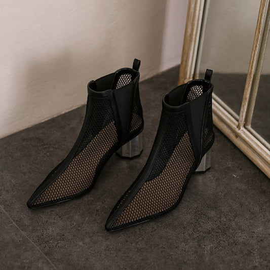 (Clean Up - US 6.5) Pointed Hollow Mesh Thick Heels Boots