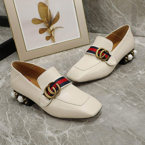 Square Toe Pearl Chunky Block Mid Heel Loafers