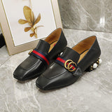 Square Toe Pearl Chunky Block Mid Heel Loafers