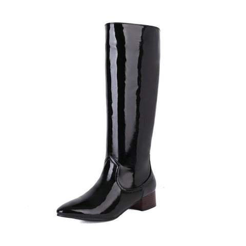 Patent-leather-Low-Heel-Knee-high-Boots