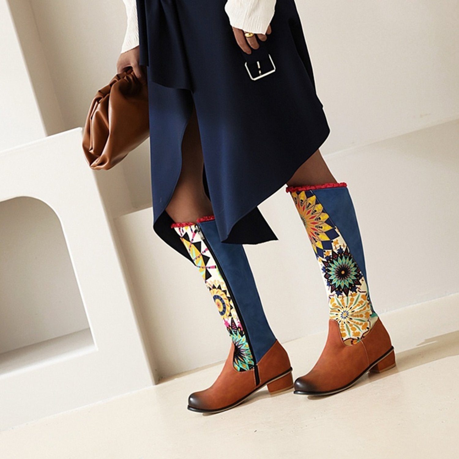 Printed-Color-blocking-Side-Zipper-Knee-high-Boots